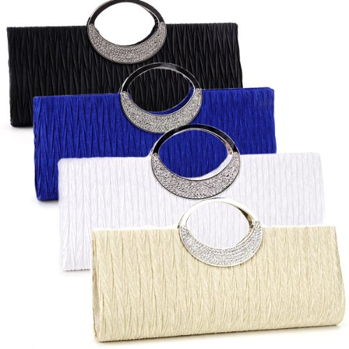 Rhinestone Ring Handle Sateen Pleated Clutch Prom Evening Satin-Look Handbag