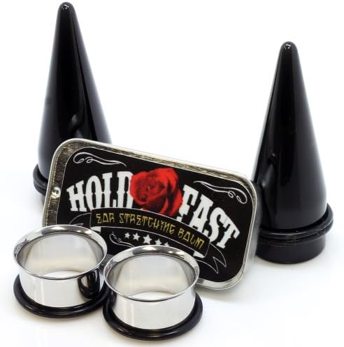 00G ~ Black Acrylic Ear Stretching Kit &amp; Stainless Steel Tunnels &amp; Hold Fast Stretching Balm