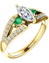 14K Yellow Gold Marquise Cut Diamond and Emerald Ring -- LIFETIME WARRANTY