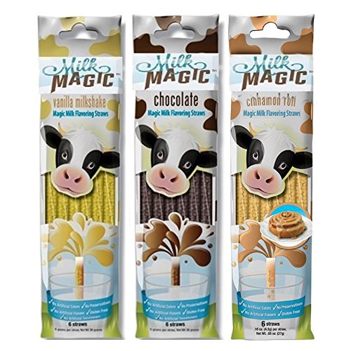 Milk Magic Milk Flavoring Straws- Variety Pack of Chocolate, Vanilla Milkshake and Cinnamon Flavor Straws - 12 Packs (6 Straws in each Pack) - 4 Pack of Straws of Each Flavor