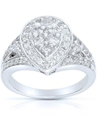 1 Carat Pear Shape Halo Diamond Cluster Ring in 14k White Gold