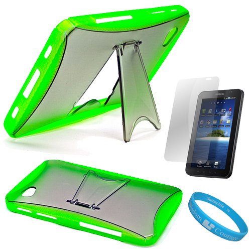 Green Trim Durable Protective Hard Crystal Case Cover with Newly Designed Kickstand for Samsung Galaxy Tab 7 inch LCD Display Screen Wifi 3G Samsung Galaxy Tablet P1000 + Anti Glare Clear Screen Protector + SumacLife TM Wisdom Courage Wristband