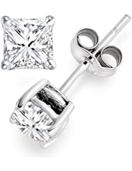 IGI Certified 1 1/2 Carat Princess Cut 14K White Gold Diamond Stud Earrings Push Back (J-K Color I2 Clarity)
