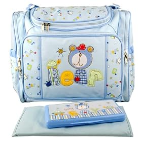 Baby Essentials Blue Bear Diaper Bag with Changing Pad + Wipe Case