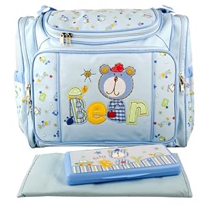 Buy Baby Essentials Blue Bear Diaper Bag with Changing Pad + Wipe Case by Baby Essentials