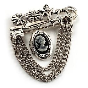 Vintage Cameo Locket, Angel, Key, Flower And Chain Pin Brooch (Burn Silver Finish)