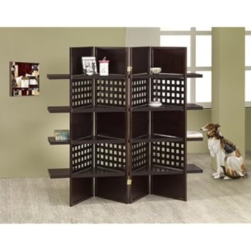 4-panel Wood Screen Room Divider with Display Shelf in Espresso