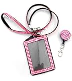 ALL in ONE Rhinestone Lanyard Bling Crystal Necklace + Badge Reel + Card Holder for Business Id/key/cell Phone (PINK)