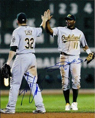 Autographed/Hand Signed 8x10 Photo Jack Cust And Raiji Davis Oakland A's