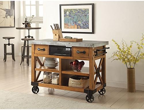 Kailey Wood and Metal Distressed Oak Finish Kitchen Cart