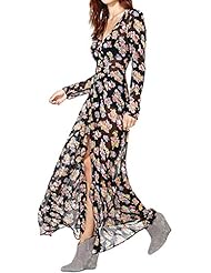 Floral Print Fitted Vintage 2015 Long Sleeves Chiffon Maxi Dress 