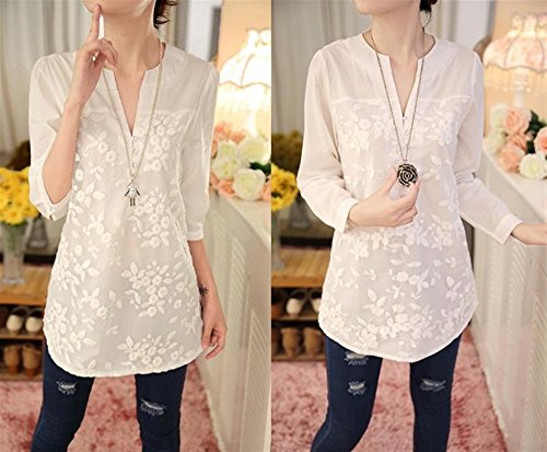 【PALERO・パレロ】レディース 春 夏 秋 フォーマル カジュアル フェミニン シフォン コットン 花柄刺繍 透けトップス とろみシャツ デコルテ Vネック 長袖 半袖 五分袖 チュニック ブラウス ３サイズ