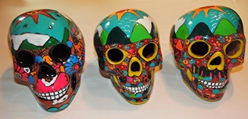 Dark Blue Set of Three Tallavera (Bola Style) Day of the Dead Skulls/Dia de los Muertos
