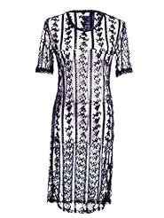 Sheer Lace Short Sleeves Vertical Stripe Scoop Neck  Shirt  Dress