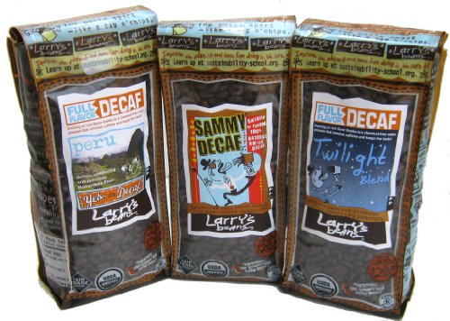 Larrys Beans Fair Trade, Organic, Natural Water Processed Decafs: Decaf Peru, Sammy Decaf Jr., Decaf Twilight Blend. Whole Bean, 12 Ounce Bags (Pack of 3)