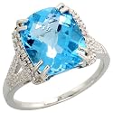 14k White Gold Large Stone Ring, w/ 5.18 Total Carat Weight of 12x10mm Cushion Cut Blue Topaz Stone & Brilliant Cut Diamonds, 1/2" (13mm) wide