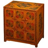 EXP Handmade Asian furniture-28" Natural Wood Chinese Medicine Cabinet Painted Flourishes - 9-Drawer