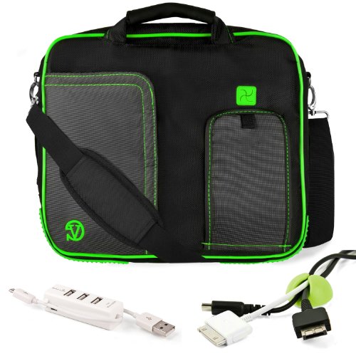 Pindar Water-Resistant Durable Nylon Protective Messenger Shoulder Bag [GREEN/BLACK] For Acer Aspire TimelineX 14 inch Notebook Laptop Computer + Green Cable Organizer + 3 Port USB HUB w/ Micro USB