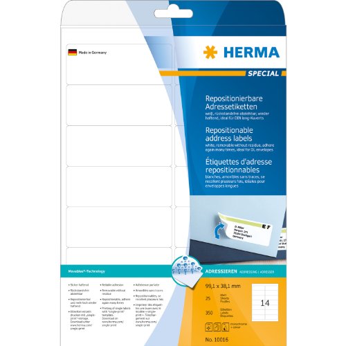 Herma Adressetiketten A4 10016 99,1x38,1 mm repositionierbar Papier matt 350 St&uuml;ck wei&szlig; Preisvergleich