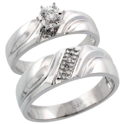 14ct White Gold 2-Piece Diamond Ring Band Set w/ Rhodium Accent ( Engagement Ring & Man's Wedding Band ), w/ 0.20 Carat Brilliant Cut Diamonds, ( 5mm; 7mm ) wide, size O