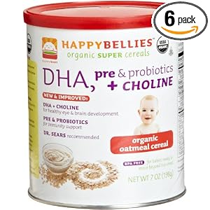 HAPPYBELLIES Organic Baby Cereals, DHA, & Pre & Probiotics +Choline, Organic Oatmeal Cereal,  7-oz. Containers (Pack of 6)