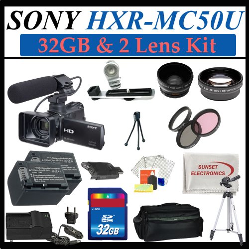 Sony Hxr-mc50u Ultra Compact Pro Avchd Camcorder with 32gb Sdhc Memory , 2 Extra Replacement Batteries, 3 Extra Lens, Hdmi, Deluxe Soft Carrying Case, Aluminum Tripod & Much More
