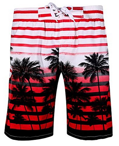 PGXT Men's Colorful Stripe Coconut Tree Beach Shorts Swim Trunks