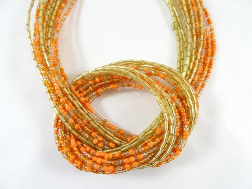 New Multi Strand Gold & Coral Seed & Bugle Beed Necklace Earring Set