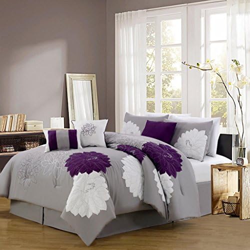 Case Andrea Milano 7 Piece King Floral Embroidered Comforter Set - Purple