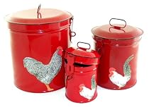 Vintage Country Canister Set ~Kitchen Storage Canisters ~ Decorative Containers ~ French Country Red Enamel with Decoupage Roosters