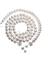 White Cultured Pearl Strand Silver Necklace, Bracelet & Earrings Set