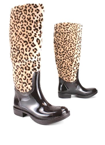 Women's Rain Boots:Furry Leopard Print Rain Boot 9 BROWN