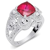 Dazzling 3.00 carats total weight Cushion Cut Checker Board Created Ruby & White CZ Size 7 Gemstone Ring in Sterling Silver