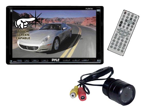 Pyle DVD/Camera Package for Car/Truck/SUV -- PLDN70U 7-Inch Double-DIN Motorized TFT Touchscreen Receiver with DVD/VCD/CD/MP3/MP4/CD-R/USB/SD-MMC Card Slot/AM/FM + PLCM22IR Flush Mount Rear View Camera with 0 Lux Night Vision