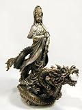 Buddhist Goddess Kuan-yin on Dragon Statue Real Bronze Powder Cast Sculpture, 12 1/2-inch
