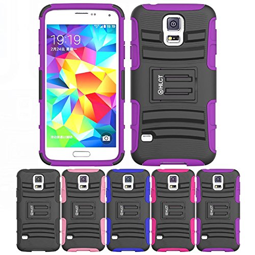 Galaxy S5 Case, HLCT Rugged Shock Proof Dual-Layer PC and Soft Silicone Case With Built-In Kickstand for Samsung Galaxy S5 (2014) (Purple)