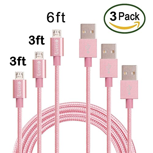 Micro USB Cable, Gkeeny Cords 3 Pack (3FT 3FT 6FT) Nylon Braided USB 2.0 High Speed USB to Micro USB Charging Cables for Android, Samsung, LG, HTC, Motorola, Nokia, and More (Pink)