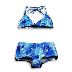 Beach Native - Girls Bikini Floral and Palm Tree Swimsuit, Blue, White