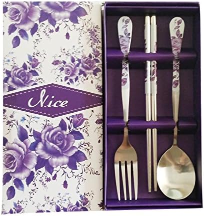 3pcs Set Stainless Steel Chopsticks Spoon and Fork set for Gift - Romantic Purple Rose