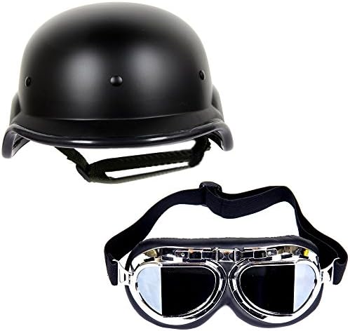 DealMagik Set of Flat Dot Black Finish Half Helmet and Classic Style Steampunk/Carting Motorcycle Goggles with Smoke Lenses