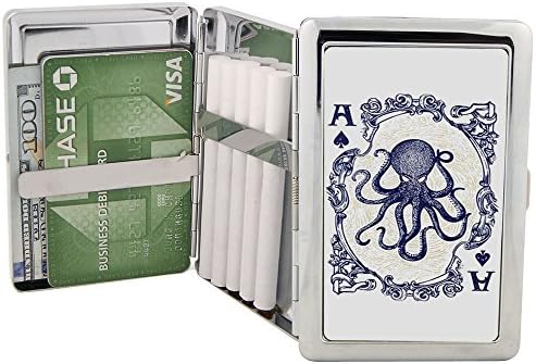 Octopus Cigarette Case Metal Wallet with RFID Protection Polished Silver Stainless Steel Vintage Ace of Spades Playing Card (Regular or King Size)