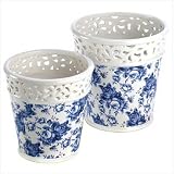 Pair Of Indoor Outdoor Ornate Blue Floral Planter Pots [Kitchen]