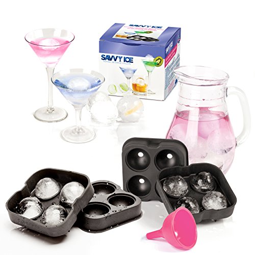 Savvy IceÂ® - Deluxe 2 Pack Silicone Sphere Ice Mold Gift Set- Makes 8 Dazzling Ice Balls - Unique Slow Melting Drink Chillers - Easy Storage Stackable Round Cube Trays with Funnel - Enjoy Tastier Cocktails & Iced Cold Beverages