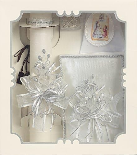 DaisyandLeo Girl's Organza Silver Trim Communion Candle Set (Silver)