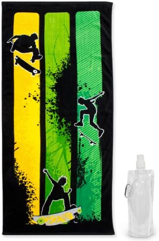 Safdie Teen-Adult Trendy Velour Beach Towel with Eco-Bottle Skateboard
