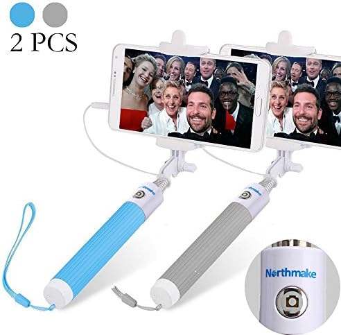 2 pcs Selfie Stick, Northmake Foldable Extendable Handled Stick with Adjustable Phone Holder Mount &amp; Built-in Remote Shutter Designed for iPhone &amp; Android Smartphones (Blue, Grey)