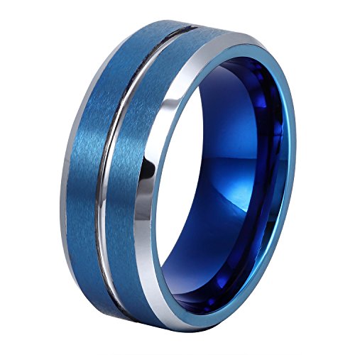 L-Ring 8MM Tungsten Wedding Ring with Groove in the Center Matte Finish and Beveled Edge, Size 6-14