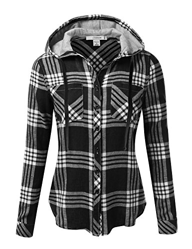 J.TOMSON Women's Long Sleeve Hooded Plaid Checkered Button Up Flannel Shirt Top