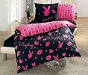 Playboy 8715944067096 Bettw&auml;sche Kissing 135x200 cm und 80x80 cm, Baumwolle renforce schwarz (black) / rosa (pink)