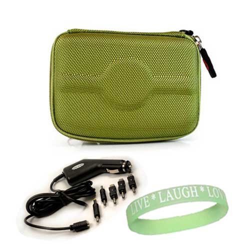Garmin Nuvi GPS Models Size 4.3. Nylon Green Cube Carrying Case for All Size 4.3 Garmin Models + Car Charger + Live*Laugh*Love Wristband!!!